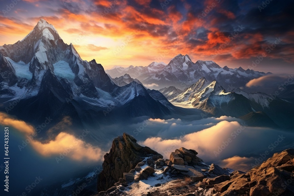 Breathtaking dawn above peaks, motivating efforts to preserve environment. Generative AI