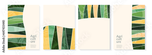 Set of abstract shapes green field from aerial view. Minimalist summer field landscape poster collection. Rural view, grunge texture. Design elements for social media post, layout, card, background