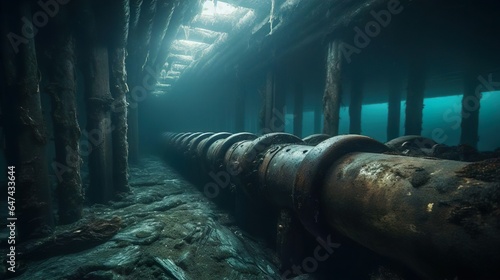 Natural gas pipeline is laid under water on the bottom of the sea. Gas pipes oil energy. Underwater view. Energy equipment. Fuel power technology. Gas industry. Energy resources.