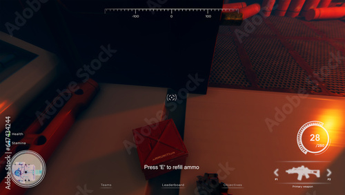 Shooter videogame with player searching for loot in dark industrial halls, finding ammunition crate. Battle royale PvP online multiplayer game with health, stamina, ammo bars HUD overlay