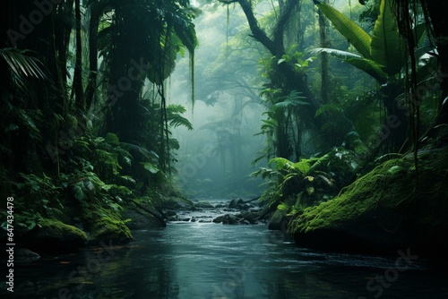 Image depicting a dense rainforest environment. Generative AI © Tova