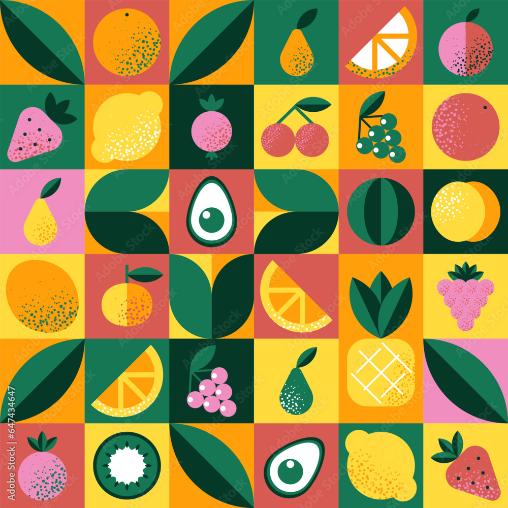Abstract geometric pattern with various fruits in Bauhaus style. Retro grid background. Vintage multicolor mosaic tile with geometric shapes. Texture for textile, cover, web design, menu, restaurant. Abstract geometric pattern with various fruits in Bauhaus style. Retro grid background. Vintage multicolor mosaic tile with geometric shapes. Texture for textile, cover, web design, menu, restaurant.