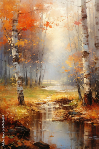 Brook flowing in autumn birch tree forest. Beautiful nature scenery in fall colors. Landscape painting.