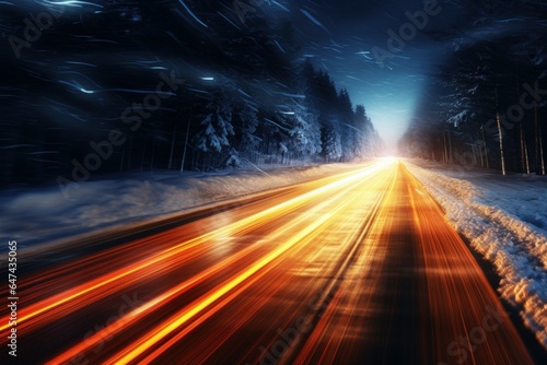Icy Blurry snow road middle night. Generate Ai