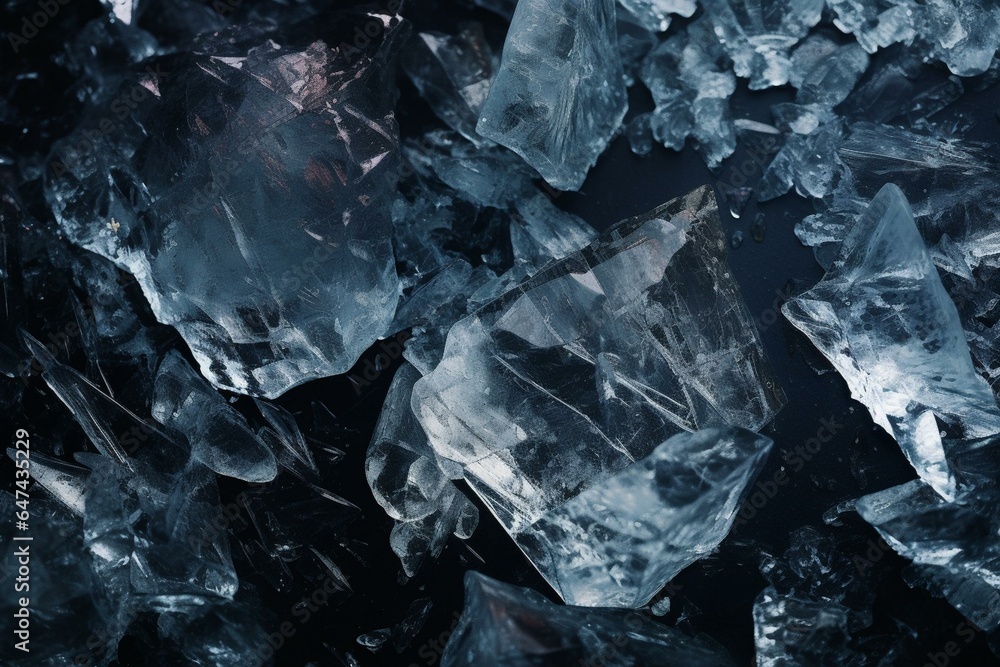 Fragments of shattered icy substances on a dark textured background. Generative AI