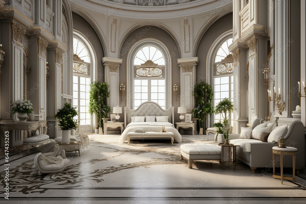 Interior of an opulent apartment's expansive and well-lit master bedroom. Generative AI