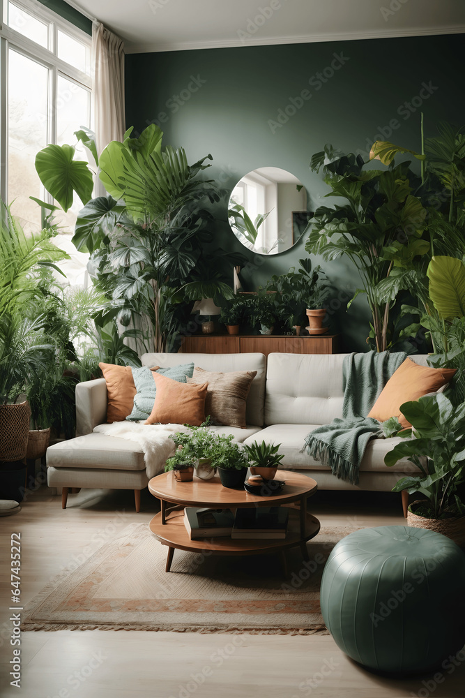 Living room with lots of plants, interior design, scandinavian style. Image created using artificial intelligence.