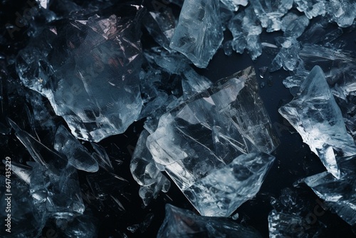 Fragments of shattered icy substances on a dark textured background. Generative AI