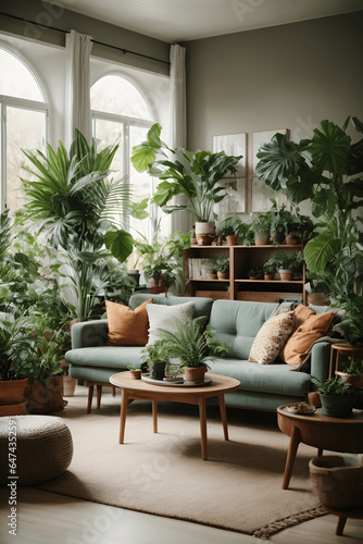 Living room with lots of plants, interior design, scandinavian style. Image created using artificial intelligence.