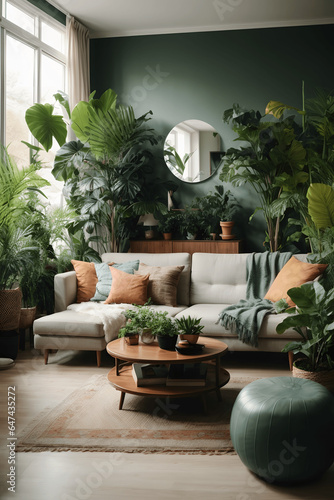 Living room with lots of plants, interior design, scandinavian style. Image created using artificial intelligence. © kapros76