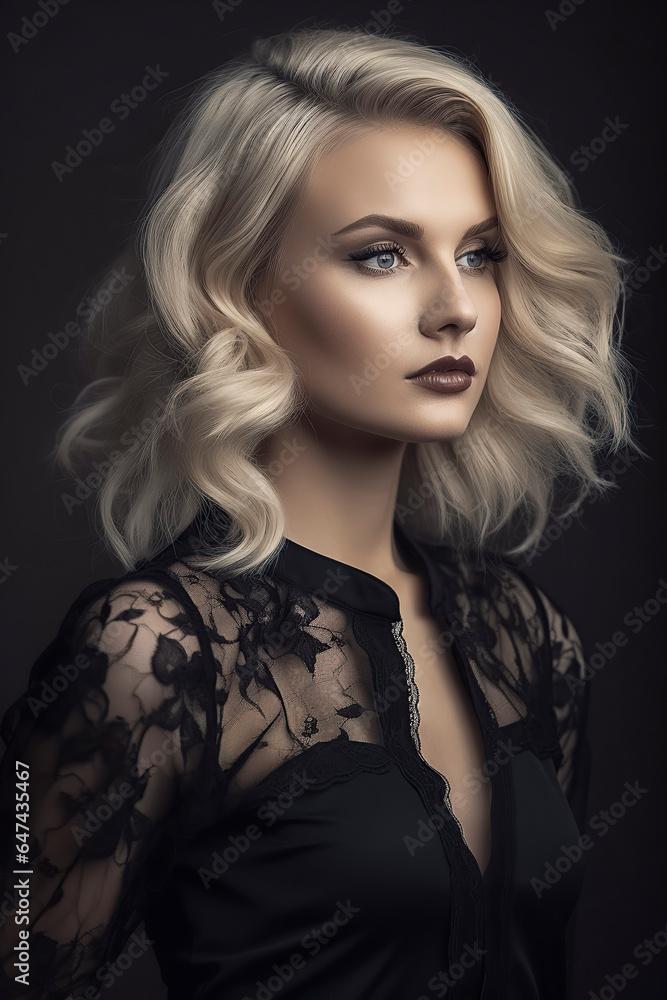 Blonde Elegance: Mesmerizing Young Woman in Seductive Black Dress, Captured in Studio Glamour, ai generative Blonde Elegance: Mesmerizing Young Woman in Seductive Black Dress, Captured in Studio Glamour, ai generative