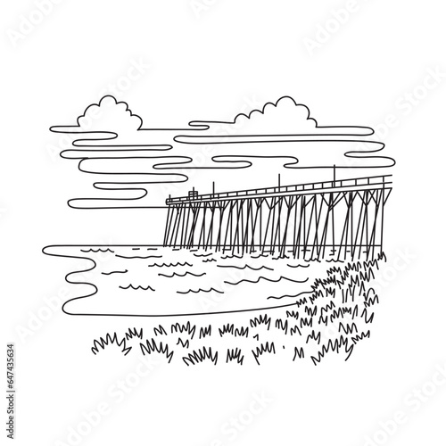 Mono line illustration of jetty or fishing pier at Kure Beach in Wilmington, North Carolina, USA done in monoline line black and white art style.
