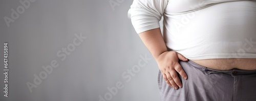 Overweight man on gray background holding his stomach, obesity concept, copy space 