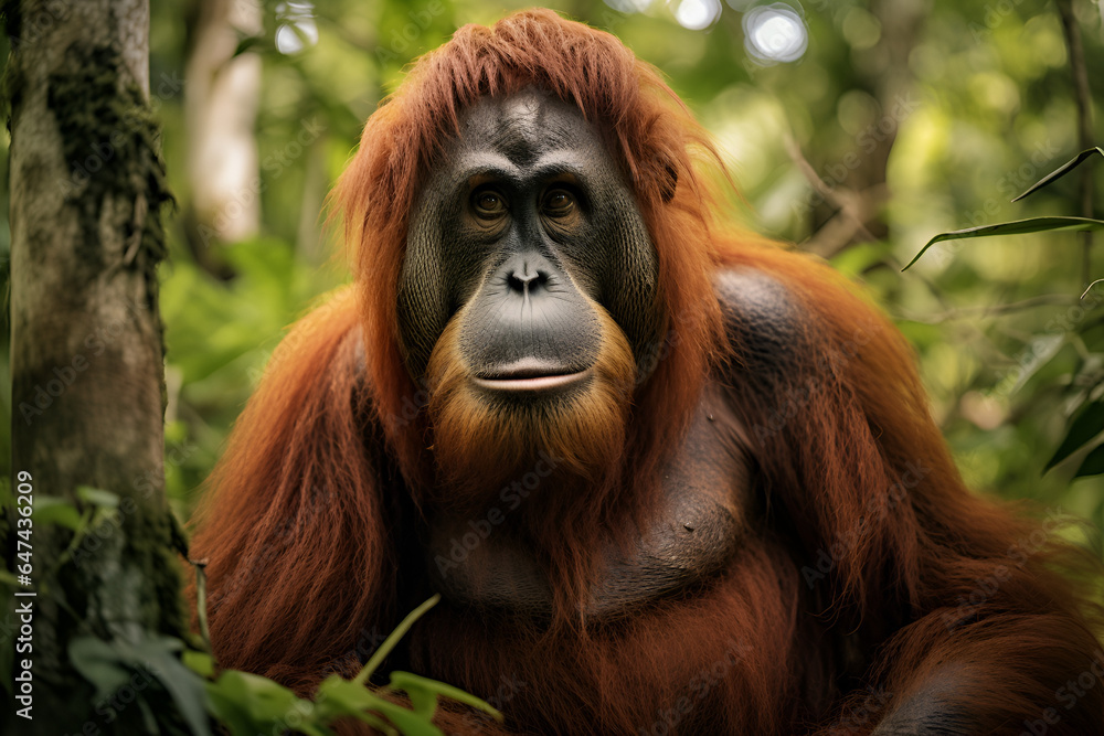 A Large Male Orangutan Rests Peacefully in the Bornean Rainforest A Large Male Orangutan Rests Peacefully in the Bornean Rainforest