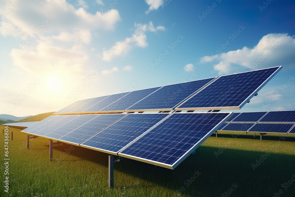 Solar power station with solar panels for producing electric power energy by green power. Technology and electrical industrial power plant concept | Generative AI