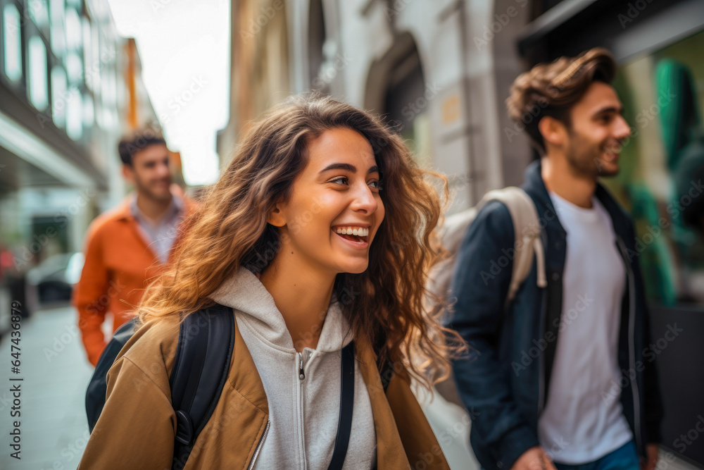 A group of joyful millennials walking together on city streets, embodying youthful energy and ambition, commuting in an urban setting A group of joyful millennials walking together on city streets, embodying youthful energy and ambition, commuting in an urban setting