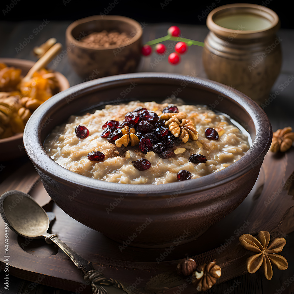 Classic oatmeal breakfast enriched with nuts and fruits for a wholesome start. Classic oatmeal breakfast enriched with nuts and fruits for a wholesome start.