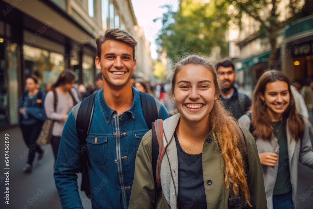 A group of joyful millennials walking together on city streets, embodying youthful energy and ambition, commuting in an urban setting