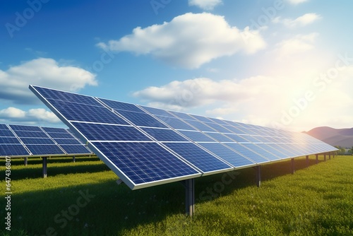 Solar power station with solar panels for producing electric power energy by green power. Technology and electrical industrial power plant concept   Generative AI