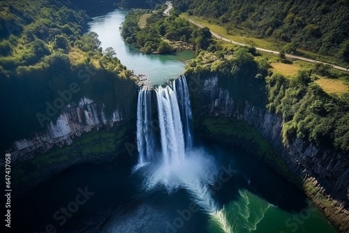 Scenic waterfall in picturesque landscape  a famous tourist destination with aerial drone view. Generative AI