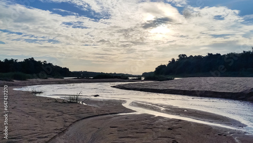 Water Scarcity. Dried up river in India. Dried up river in Kerala . Sunset. 