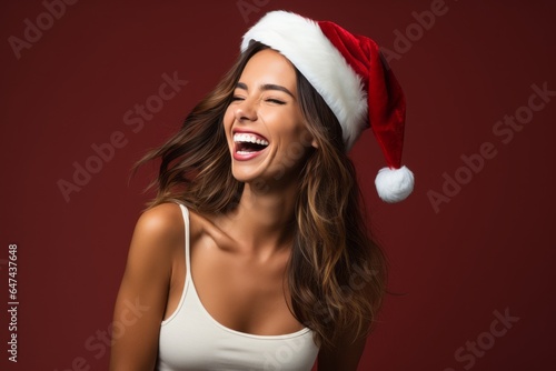 Beautiful woman with santa hat on red background