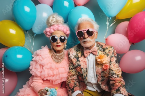 Senior couple dressed in pretty pastel colours holding balloons, vintage style on a pastel green background