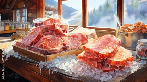 Raw bacon. Fresh bacon on ice in the meat store. Horizontal banner. Illustration AI generated