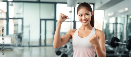 Asian female fitness trainer smiling at camera in fitness background  copy space