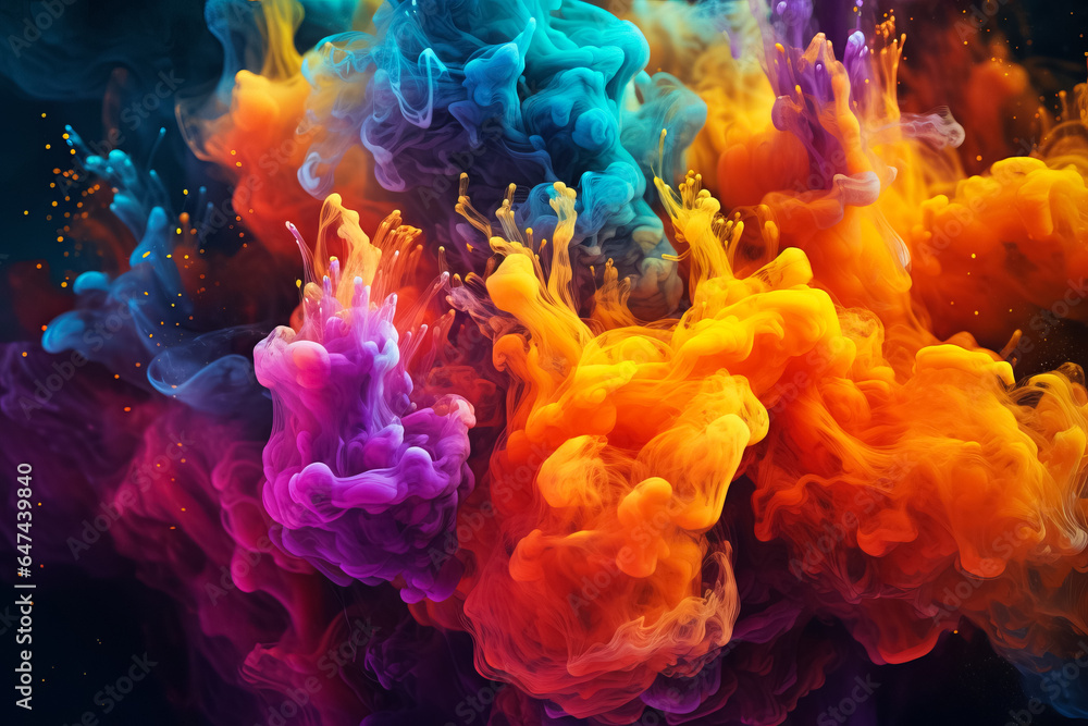 Fototapeta premium Splash of colored paint, water or smoke on a dark background, abstract pattern, bright eruption of colorful powder, Holi holiday. Generative AI