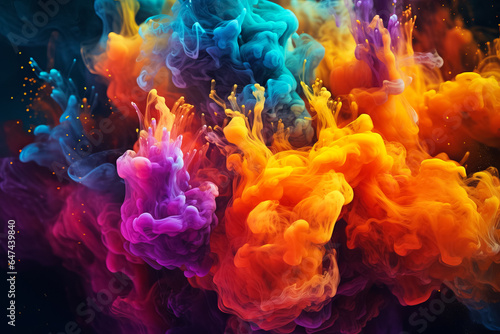 Splash of colored paint, water or smoke on a dark background, abstract pattern, bright eruption of colorful powder, Holi holiday. Generative AI