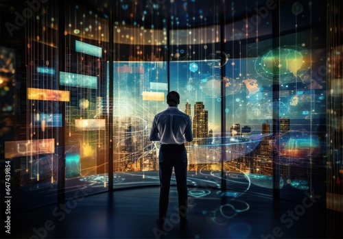 Man standing in front of large screen window Concept Data analysis and technology development 