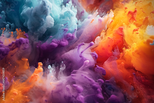 Splash of colored paint, water or smoke on a dark background, abstract pattern, bright eruption of colorful powder, Holi holiday. Generative AI