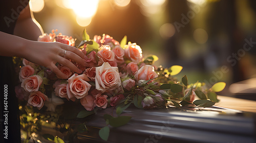 Close up of female hand laying down bouquet of artificial flower on a grave saying goodbye at outdoor funeral ceremony photo