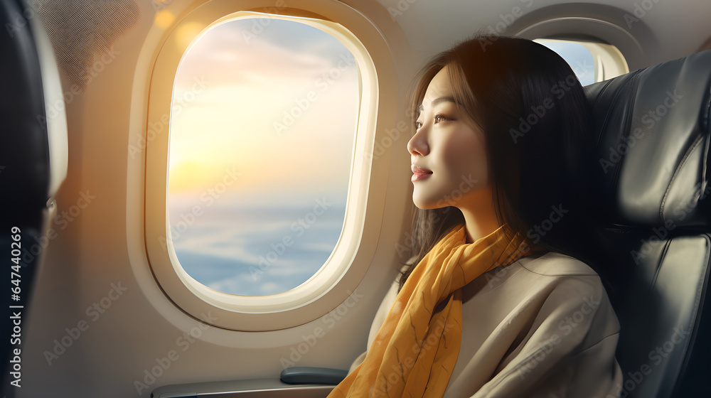 Asian young woman traveler sitting near windows and looking out the window on airplane during flight. Alone travelling concept