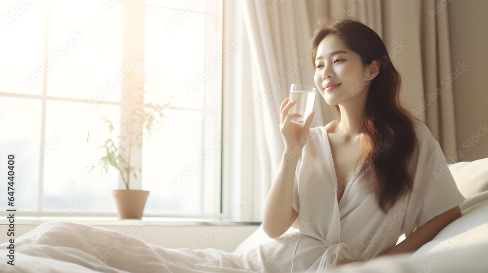Asian young beautiful woman sitting on bed holding water of glass and drinking in the morning in bedroom at home after wake up in the morning Asian young beautiful woman sitting on bed holding water of glass and drinking in the morning in bedroom at home after wake up in the morning