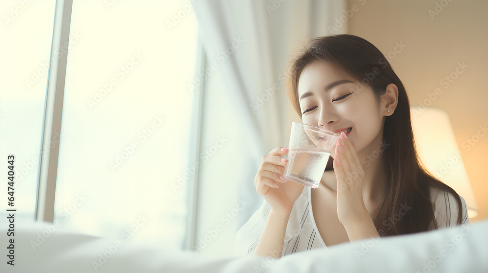 Asian young beautiful woman sitting on bed holding water of glass and drinking in the morning in bedroom at home after wake up in the morning Asian young beautiful woman sitting on bed holding water of glass and drinking in the morning in bedroom at home after wake up in the morning
