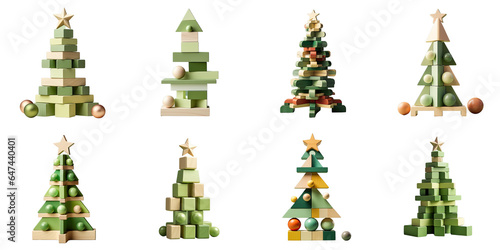 Png Set Green Christmas tree made of wood Child s construction toy set Toys made from natural materials Painted wooden cubes Delicate green element on transparent background
