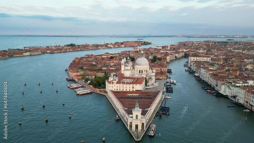 Venice Italy skyline, aerial view of Basilica di Santa Maria della Salute and Grand Canal at sunrise Venice Italy skyline, aerial view of Basilica di Santa Maria della Salute and Grand Canal at sunrise