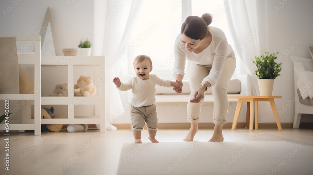 Happy little baby learning how to walk at home with the help of his mother, cute toddler child walking in living room