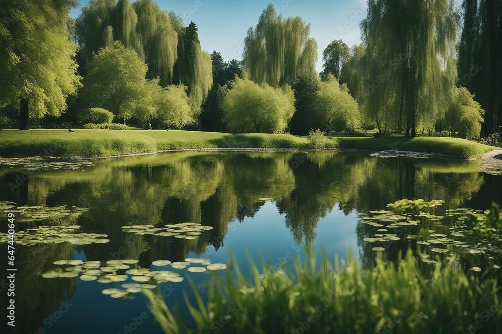 Idyllic natural panorama of city spring summer park with a pond that reflects the surroundings