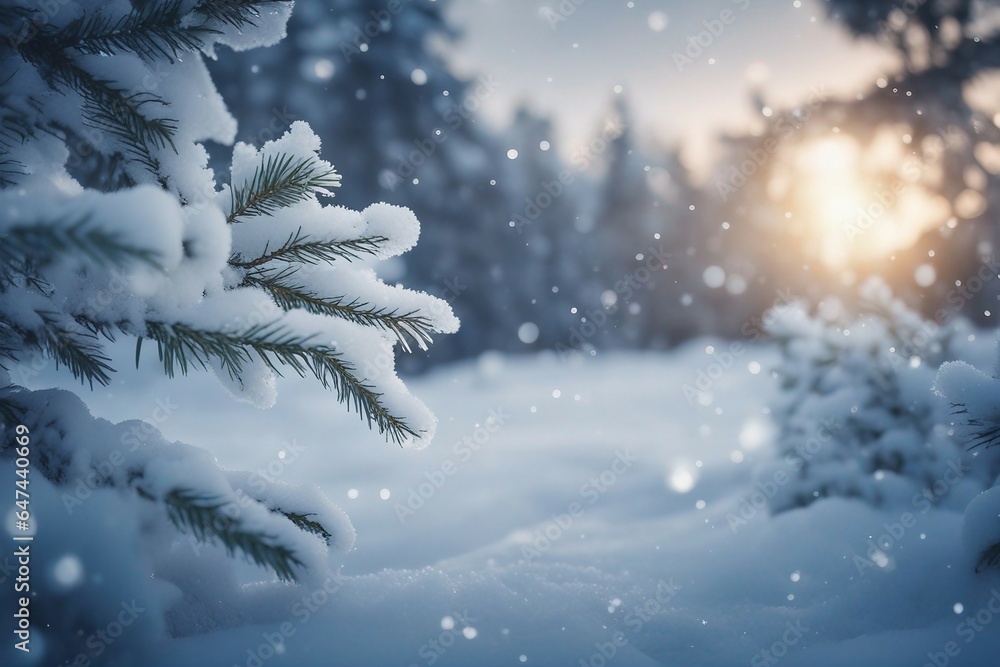 Winter Christmas scenic background. Snow landscape with spruce branches 