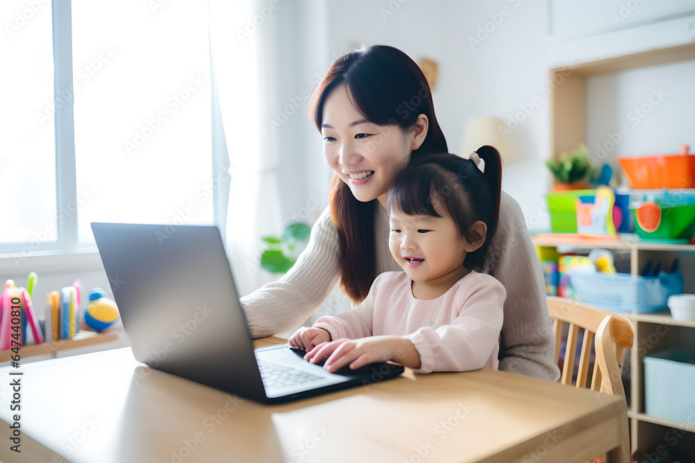 Happy asian mother teaching children learning computer laptop on a online class at home, mother and daughter studying online at home. Happy asian mother teaching children learning computer laptop on a online class at home, mother and daughter studying online at home.