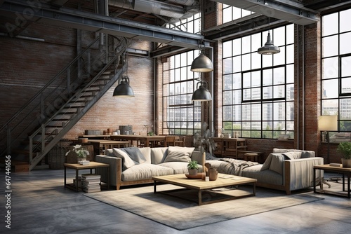 Cozy loft living room, brick accents, retro furniture. Detailed 3D rendering. Concept of rustic urban elegance.