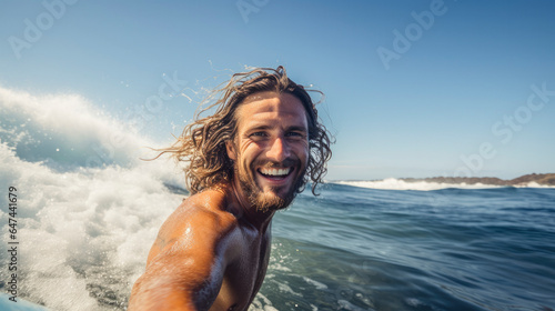 handsome young surfer smiling and taking a selfie while surfing a wave on a summer day © juancajuarez