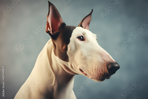 Fearless Bull terrier dog portrait on blue background. Digital Ai. © dream@do