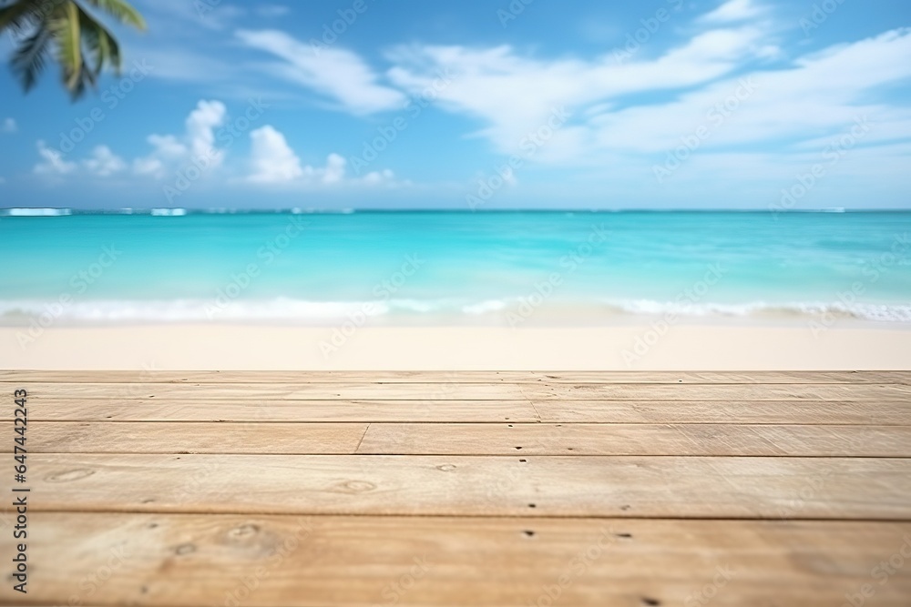 Wooden planks on the background of the beach, sea and sky.