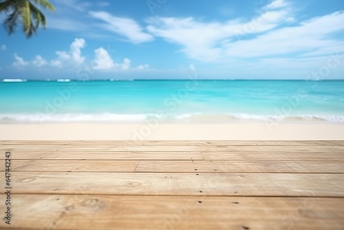 Wooden planks on the background of the beach, sea and sky.