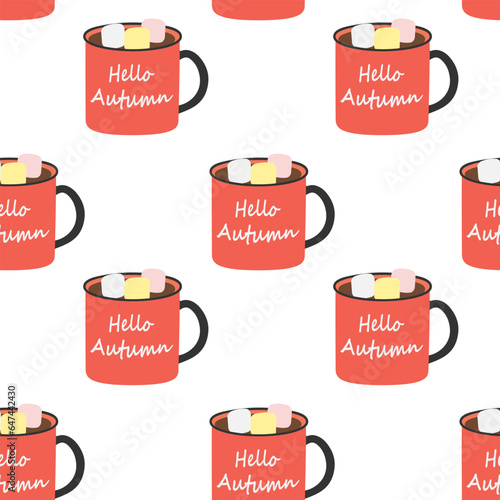 Seamless pattern of mags with lettering Hello autumn, drink and marshmallow in trendy seasons shades