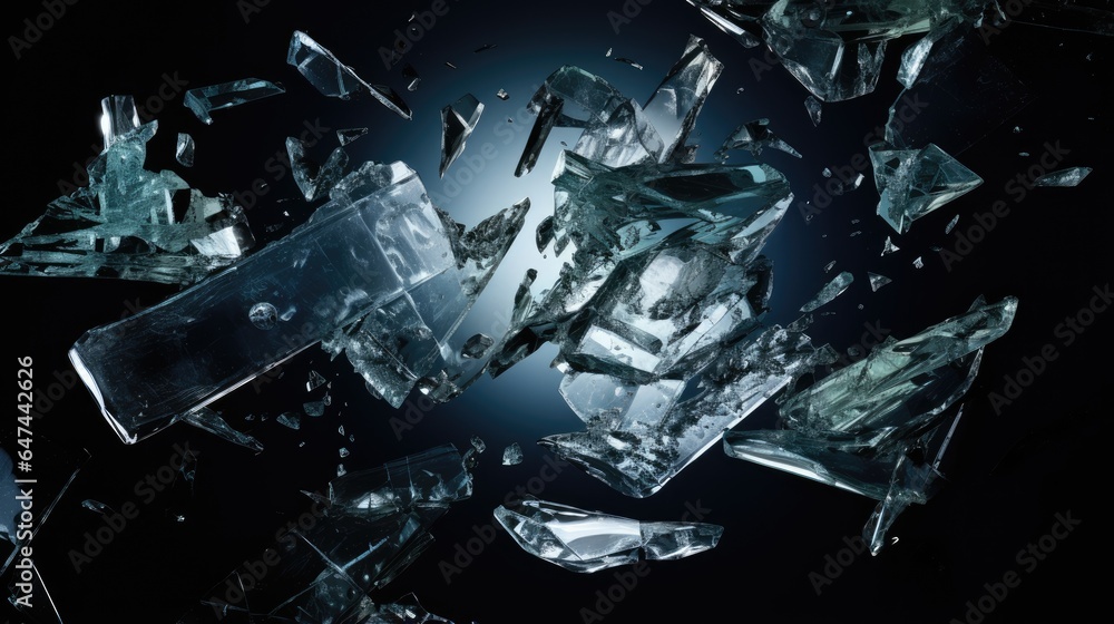 Close-up of a broken glass object against a completely black background. - obrazy, fototapety, plakaty 